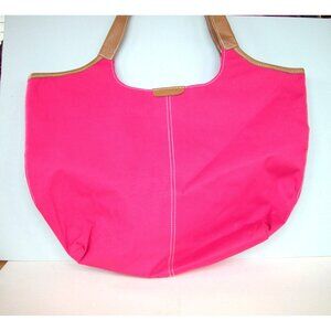 Hot Pink Canvas Tote Bag With Tan Faux Leather Handles & Pink Swirl Pattern Inte